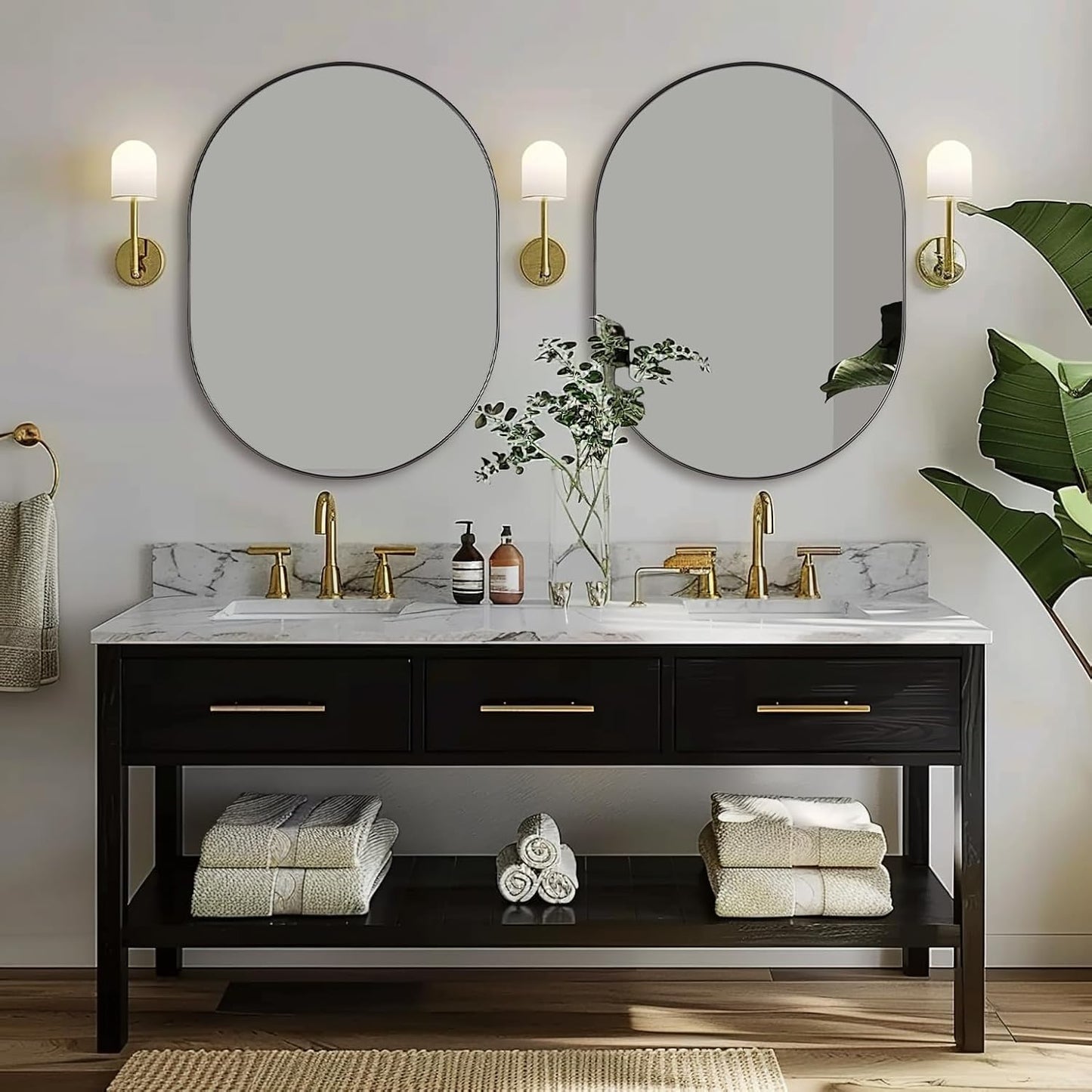 24x32'' Oval Mirror, Black Oval Mirror Pill-Shaped Design in Stainless Steel Metal Frame for Bathroom, Entryway, Living Room, Contemporary 1" Deep Wall Mount Vertical or Horizontal