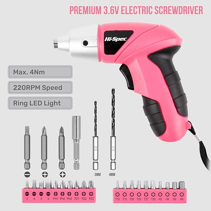 Hi-Spec Electric Screwdriver 27pc 3.6V Pink USB Small Power Screwdriver Set. - Image 2