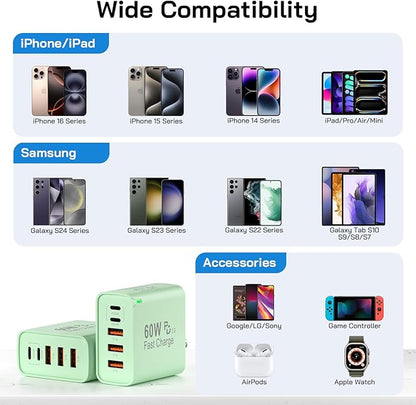 2Pack USB C Fast Charger Block, Total 60W 5-Port USB C Wall Charger 30W Type C - Image 6