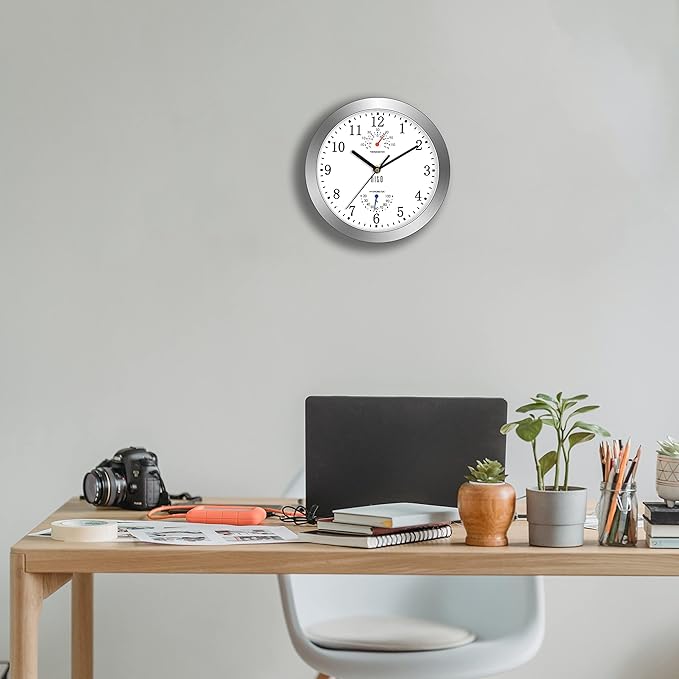 HITO 10 Inch Silent Wall Clock Battery Operated Non Ticking Glass Cover Silver - Image 6