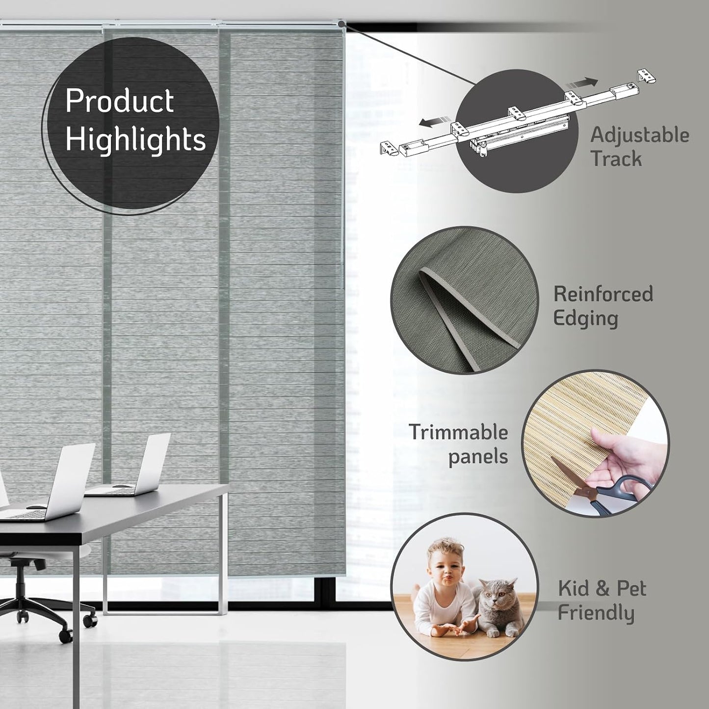 Sliding Panel Blinds for Sliding Glass Door, Sage Gray | Light Filtering Shade, Adjustable Single-Track, 46-85.5" W x 96" H, Cordless & Trimmable, Reinforced Edge