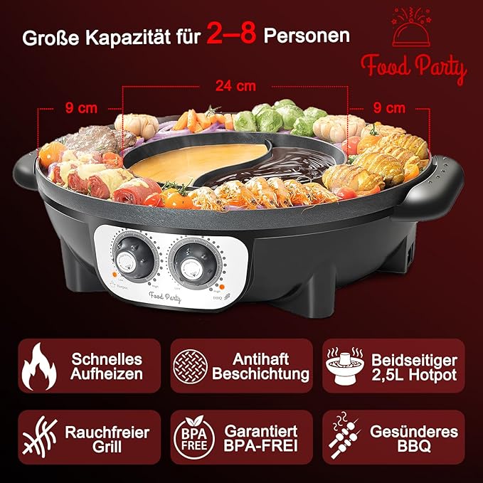 Food Party Hot Pot with Grill 2 in 1 Electric Smokeless Grill and Hotpot Pot - Image 3