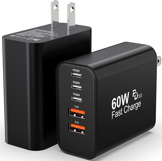2-Pack 60W USB C Charger Block, 5-Port Fast Wall Charger Station, PD 3.0 & QC by TZBAY