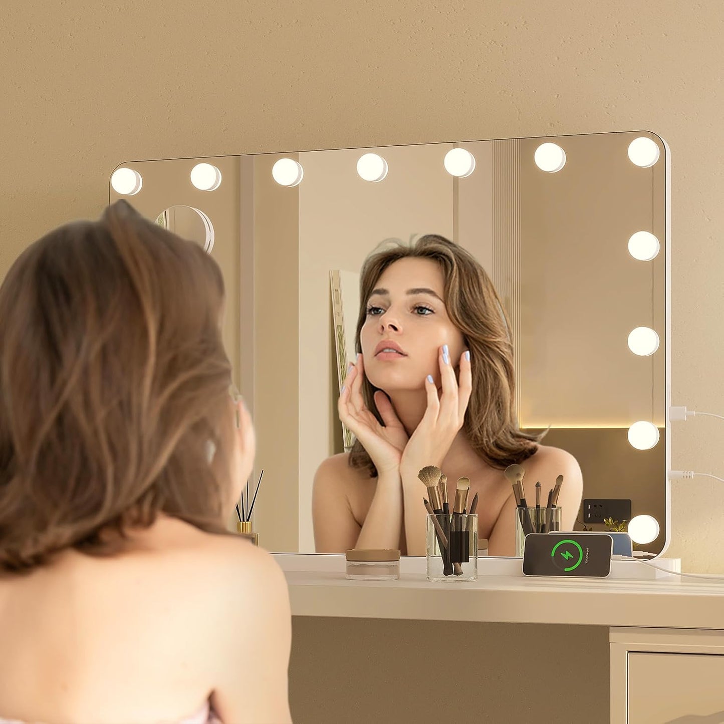 Hasipu Vanity Mirror with Lights 47" x 35", Makeup Mirror with Lights and Magnification, Hollywood Mirror with 3 Color Modes, LED Make up Mirror, Light up Mirror with USB & Type-C Charging