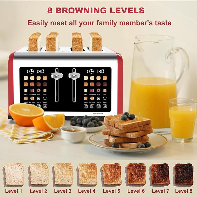 4 Slice Toaster Touch Screen, Stainless Steel Toasters Digital Timer, Dual - Image 8