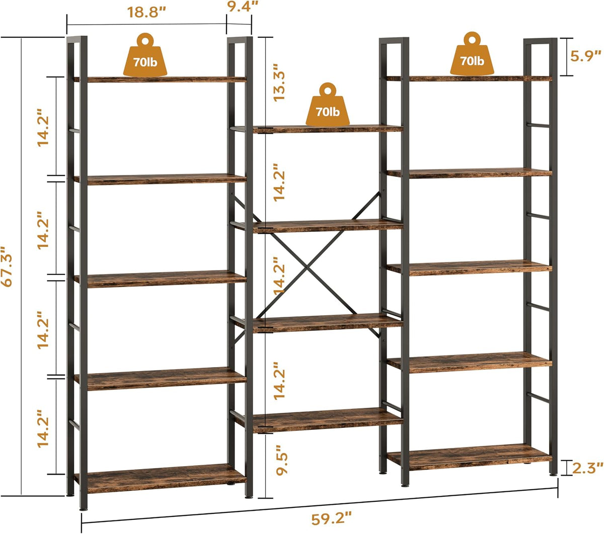 Shintenchi Triple 5 Tier Bookshelf, Large Wide Bookcase, Display Shelf