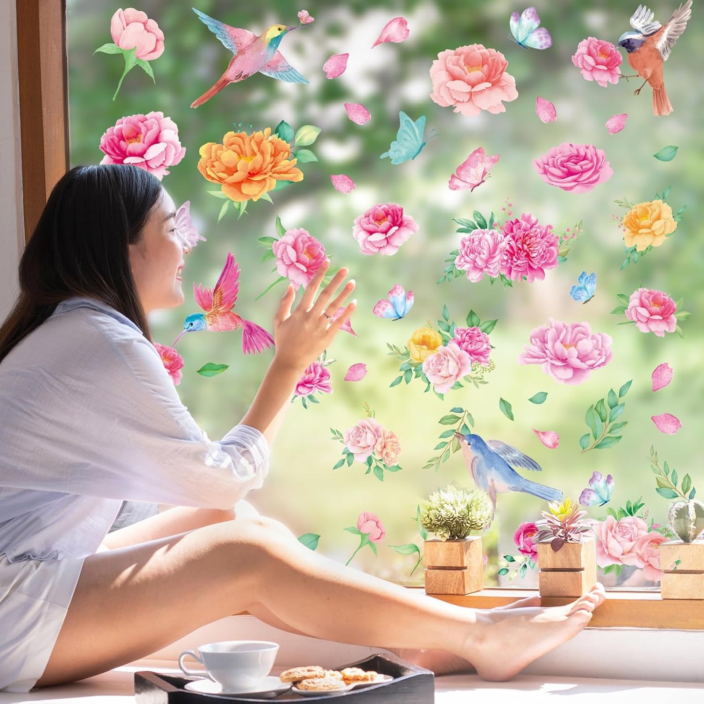 Whaline 9 Sheets Spring Summer Window Clings Pink Flower Window Clings Watercolor Hummingbirds Garden Floral Leaf Windows Decal Double-Sided Windows Decor for Home Office School Decor Party Supplies
