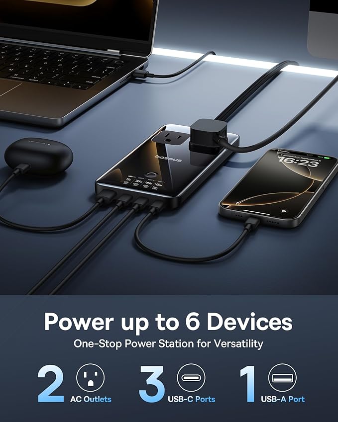 Baseus Blade Charging Station 140W, 6-in-1 Compact USB C Power Strip - Image 2