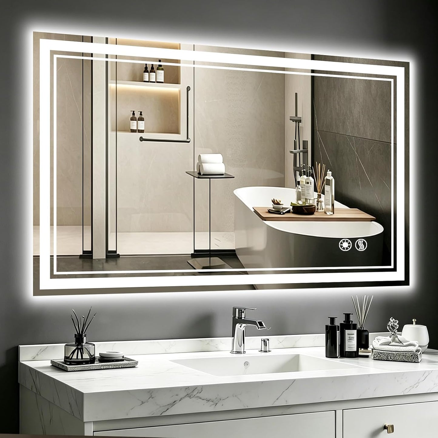 48 x 28'' LED Mirror for Bathroom Fogless Bathroom Mirror with LED Lights Stepless Dimmable 3 Colors Front and Backlit Lights Lighted Bathroom Mirror Wall Mounted Horizontal/Vertical