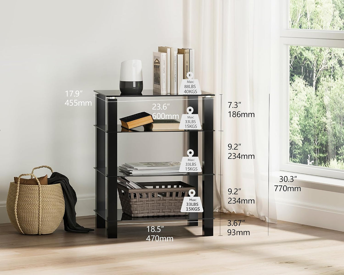 fitueyes 4-tier media stand audio with tempered glass showing dimensions
