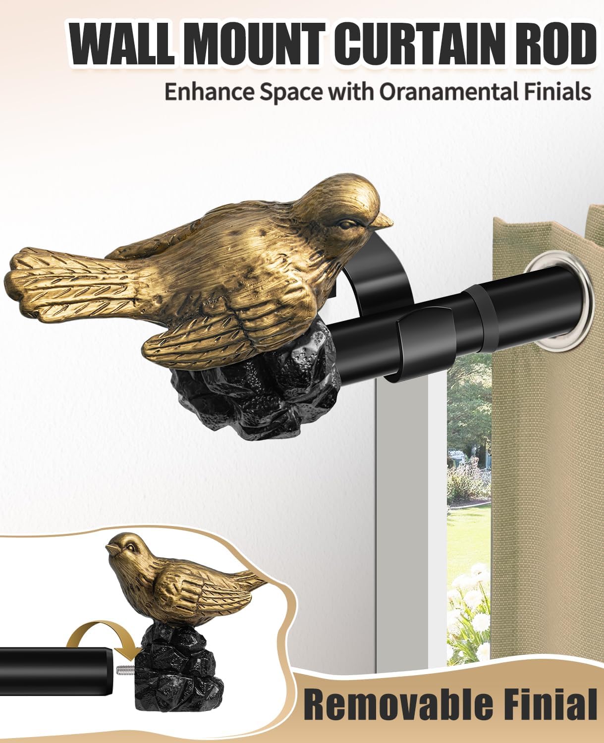1 or 7/8 Inch Bird-Shaped Decorative Finials for Curtain Rods,Curtain Rod Ends Metal Curtain Rod Finials Ends Easy to Install Set of 2 Rod End (Gold)