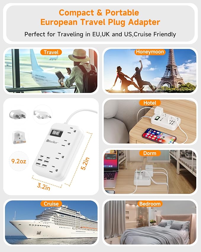 European Travel Plug Adapter, US to Europe Travel Power Strip - Image 7