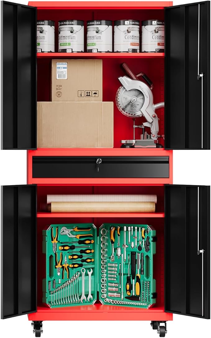73" Metal Cabinet-Black & Red Heavy Duty Rolling Storage Cabinet Steel Tool by Fesbos