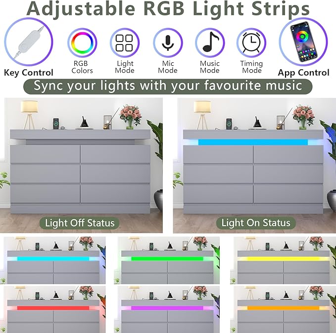 6 Drawer Dresser with Power Outlet, Dresser with LED Light, Modern Chest of - Image 4