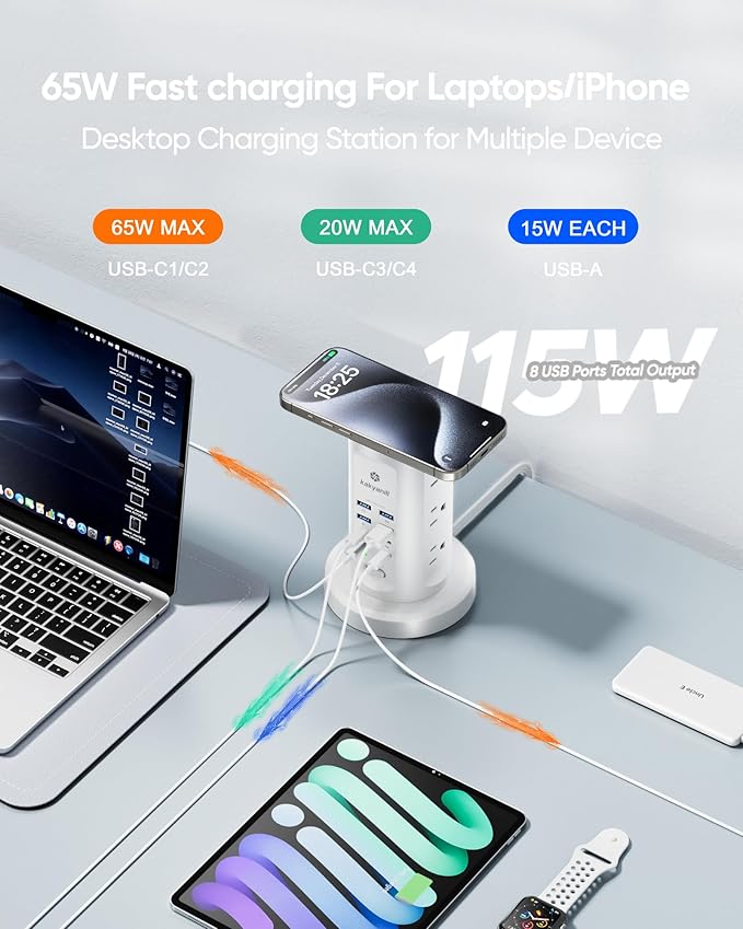 Kakyanill 115W USB Charging Station, Surge Protector Power Strip Tower - Image 3