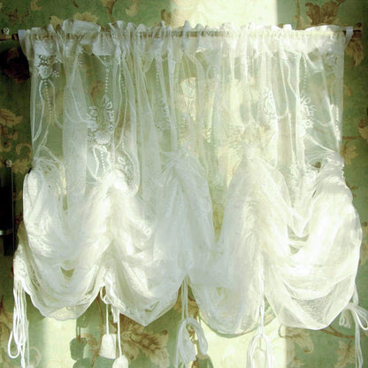 FADFAY Balloon Curtain Adjustable Tie-Up Off White Lace Semi Sheer Window Curtain Shade European Style Embroidered for Living Room Bedroom 1 Panel 78''78''