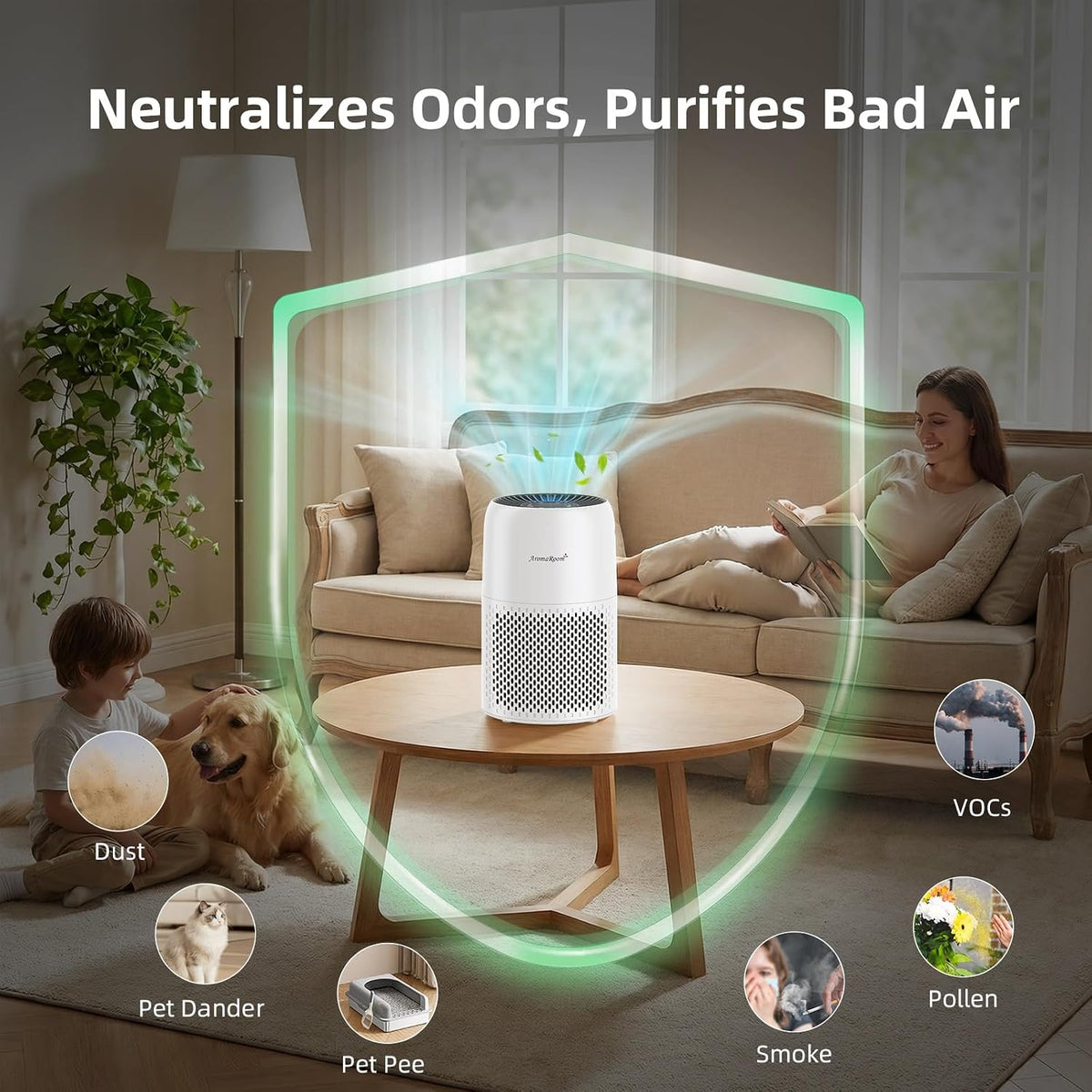 aromaroom pet air purifier with true hepa, for showing dimensions