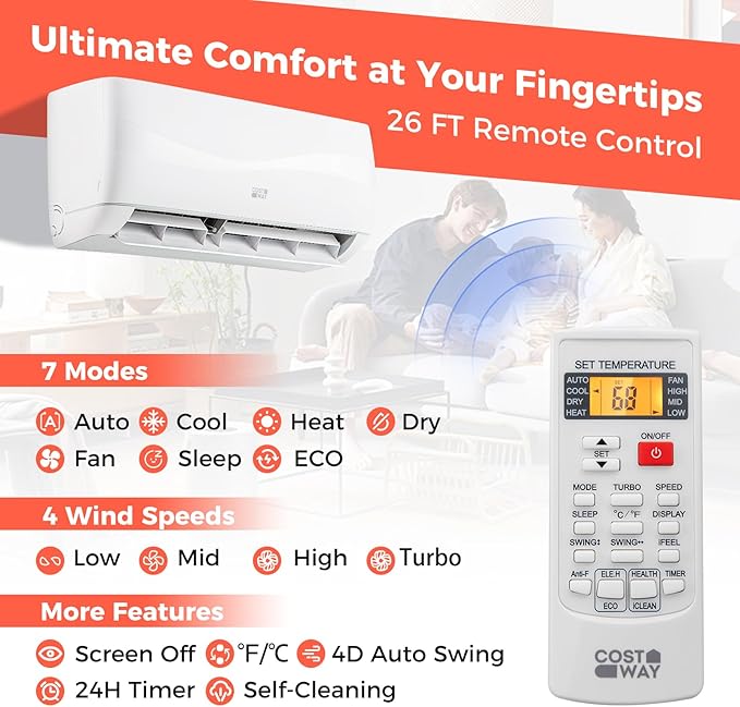 COSTWAY 9000BTU Mini Split Air Conditioner& Heater, 19 SEER2 115V Wall-Mounted - Image 6