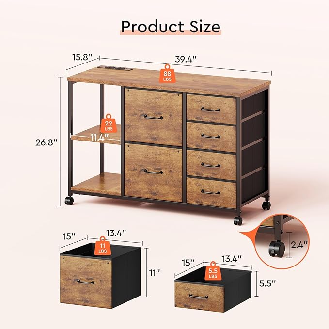 6 Drawer File Cabinet with Charging Station Rolling Printer Stand with Open - Image 3