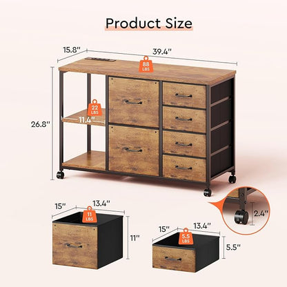 6 Drawer File Cabinet with Charging Station Rolling Printer Stand with Open - Image 3