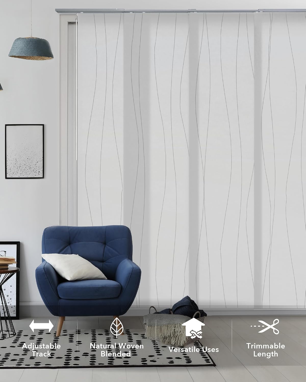 Panel Blinds Light Filter White 45.8"-86" x 96", Catch Me | White Light-Filtering Panel Blinds with Adjustable Track and Trim-to-Fit Panels for Windows and Patio Doors