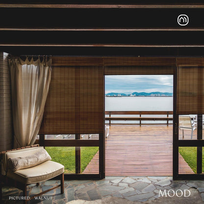 MOOD Custom Bamboo Shades | Rustic | Cordless Bamboo Roman Shades for Windows and Doors (Natural Woven) | Rustic Walnut (Great Privacy) | 52" W X 72" H