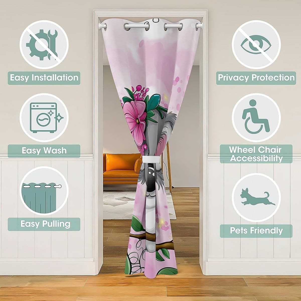 Erosebridal Cartoon Koala Door Curtain, Cute Koala Doorway Curtain, Cherry Blossom Rose Door Drape for Kids Baby Toddler, Nursery, Butterfly Branch Leaves Window Treatment, 1 Panel, 34" W X 80" L