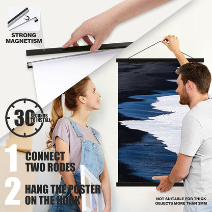 Ywlake Magnetic Poster Hanger, 12x18 12x16 12x24 Poster Frame Wood Wooden Magnet Print Posters Dowel Scroll Hanger Hangers Hanging Kit for Walls Map Canvas Artwork (Black, 12")