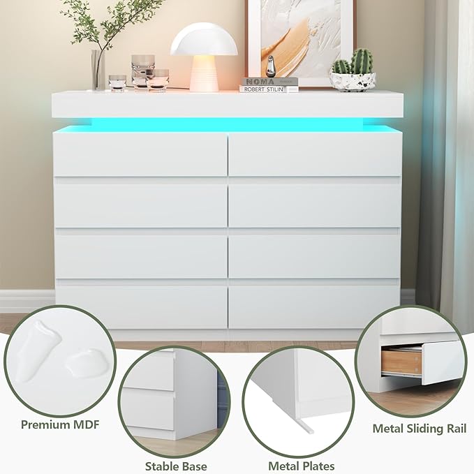 8 Drawer Dresser with Power Outlet, Dresser with LED Light, Modern Chest of - Image 7