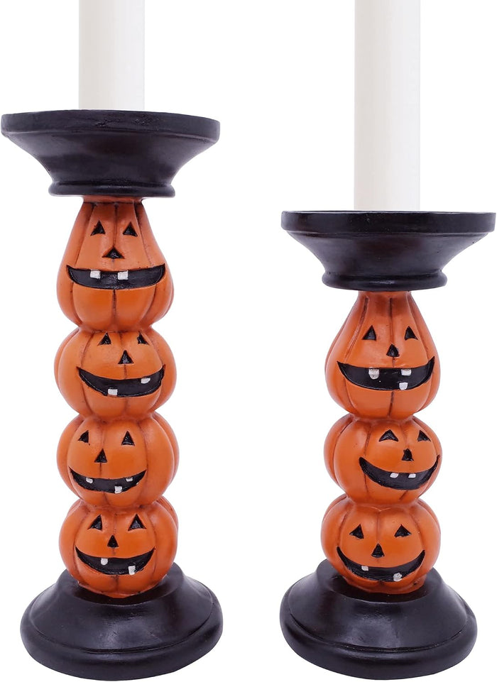 Etistta Halloween Pumpkin Candle Holder for Fireplace Decor, 9.5 Inch Tall Polyresin Candlesticks for Decorations, Set of 2
