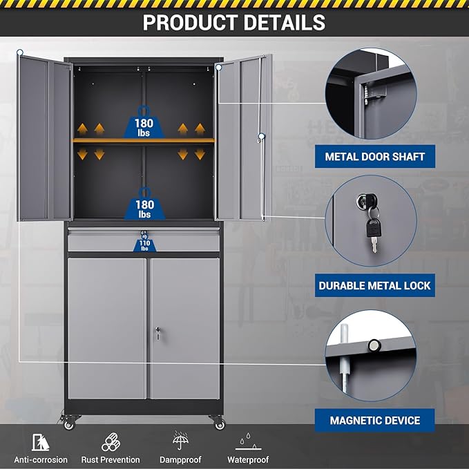 73" Metal Cabinet-Black&Gray Heavy Duty Rolling Storage Cabinet Steel Tool - Image 7