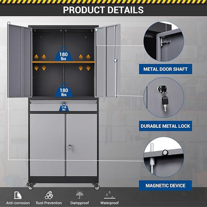 73" Metal Cabinet-Black&Gray Heavy Duty Rolling Storage Cabinet Steel Tool - Image 7