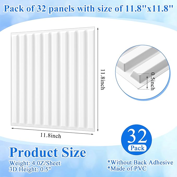 Nuanchu 32 Pcs 3D Slat Wall Panels 12 x 12 Inch PVC Fluted Textured Panel - Image 2