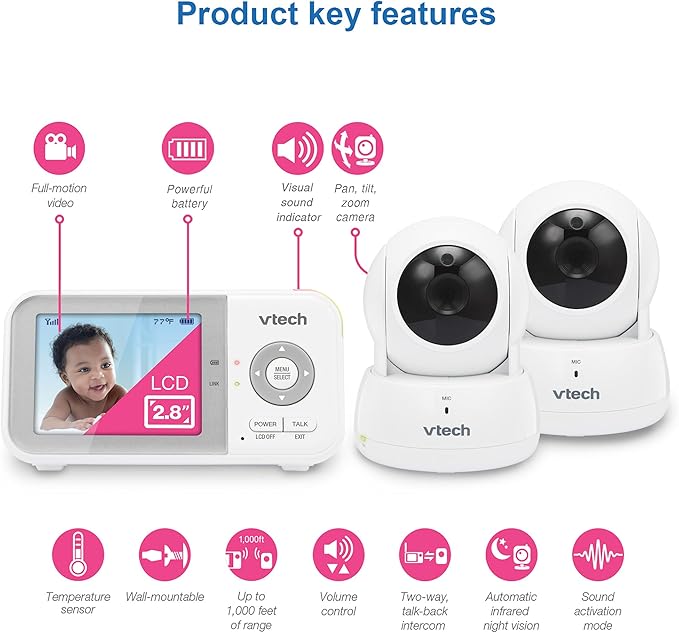 VTech VM923-2 Baby Monitor, 2.8”Screen, 1000ft Range, Pan-Tilt-Zoom, Night - Image 2