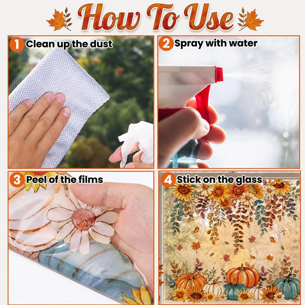 8 Sheets Fall Window Clings Sunflower Pumpkin Sticker Autumn Glass Decor | Butterfly Hanging Vine Leaves Window Decals Static Reusable for Thanksgiving Harvest Party Decoration Home Office Decorations