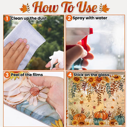8 Sheets Fall Window Clings Sunflower Pumpkin Sticker Autumn Glass Decor | Butterfly Hanging Vine Leaves Window Decals Static Reusable for Thanksgiving Harvest Party Decoration Home Office Decorations