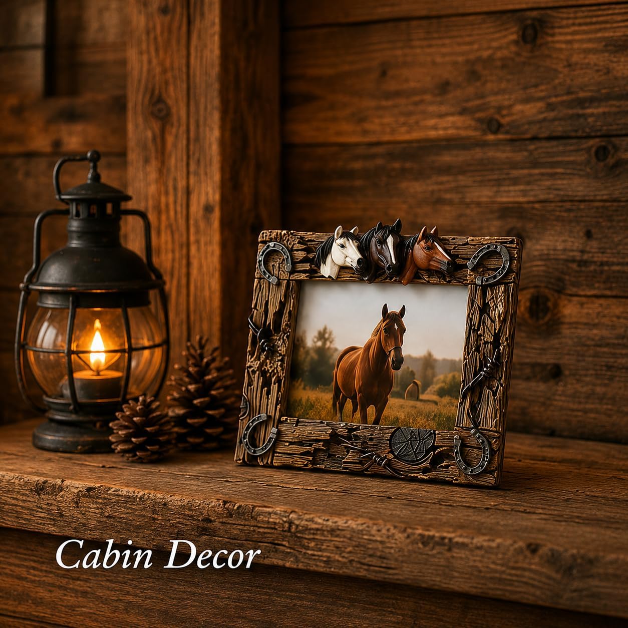 Comfy Hour Horse Figurine Photo Frame 10.7 Inch, Western Picture Frame for 5x7 Photos, Rustic Brown Resin Cowboy Decor for Desk, Mantel, Office