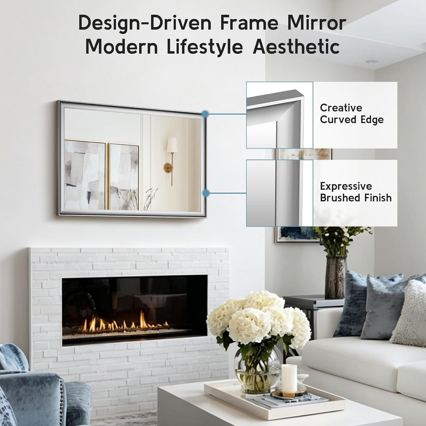 2 Pack Brushed Nickel Bathroom Mirrors 24x36 Inch | Silver Rectangle Vanity Mirror for Bedroom, Entryway, Living Room Decor, Aluminum Framed, Curved Wide Edge, Anti-Rust