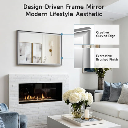 2 Pack Brushed Nickel Bathroom Mirrors 24x36 Inch | Silver Rectangle Vanity Mirror for Bedroom, Entryway, Living Room Decor, Aluminum Framed, Curved Wide Edge, Anti-Rust