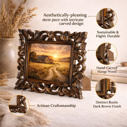 Hand Carved Mango Wood Rustic 5x7 Picture Frame with Real Glass - Aesthetic Vintage Wood Frame for Tabletop and Wall Mount Use - Rustic Home Decor Perfect for Your Memories