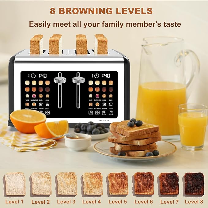 4 Slice Toaster Touch Screen, Stainless Steel Toasters Digital Timer, Dual - Image 5