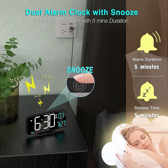 KOSUMOSU Digital Clock for Bedroom 6.7in Small Digital Alarm Clock Black - Image 6
