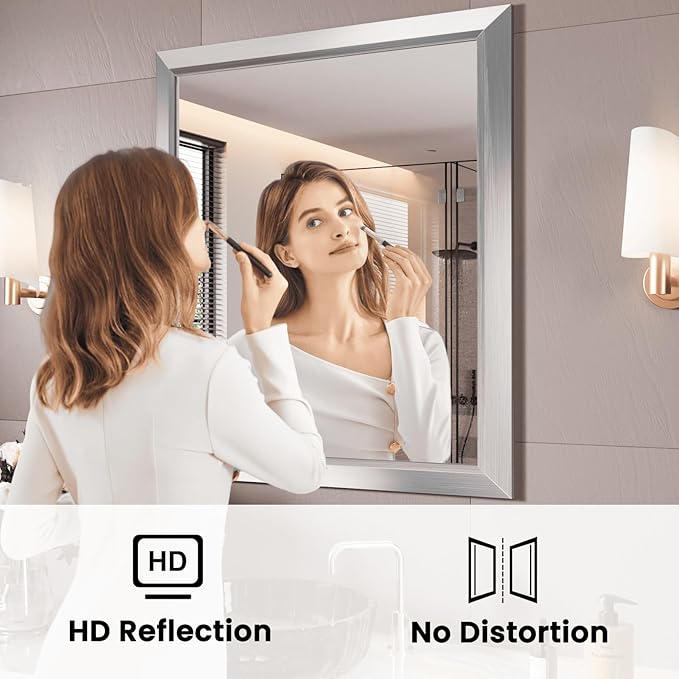 Amorho Bathroom Mirror, 28x32 Inch Silver Thick Metal Framed Wall Mirrors - Image 2