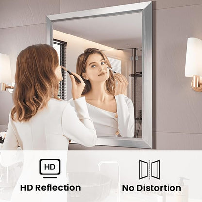 Amorho Bathroom Mirror, 28x32 Inch Silver Thick Metal Framed Wall Mirrors - Image 2