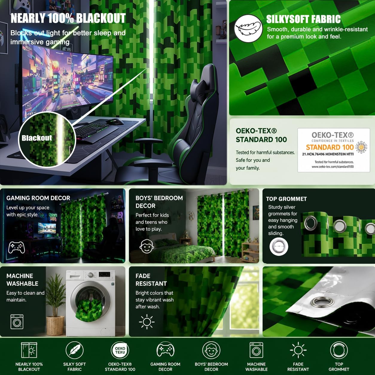 Green Pixelated Miners Curtains for Boys Kid Teens Bedroom Decor,Video Games Window Curtain,Cartoon Gamepad Blackout Window Treatment Curtain Modern Geometric Check Window Drapes,2 Panels,42Wx90L