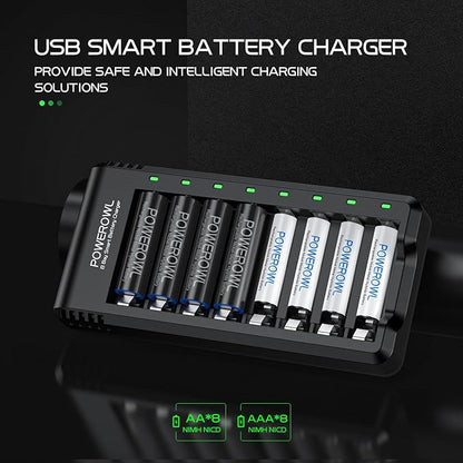 POWEROWL 8 Bay AA AAA Battery Charger 2 Pack, USB High-Speed Charging, - Image 2