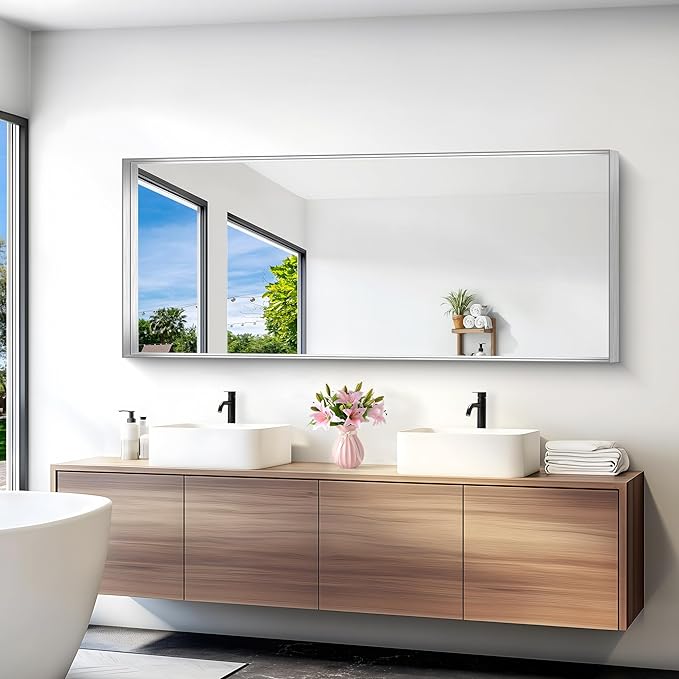 Silver Bathroom Mirror, 72x30 Inch Rectangular Deep Frame Mirror, Large Wall - Image 2