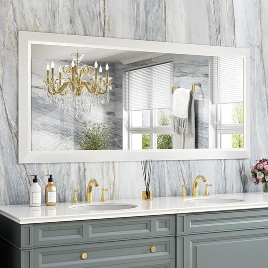 Amorho Bathroom Mirror, 60X28 Inch White Thick Metal Framed Wall Mirrors by Amorho