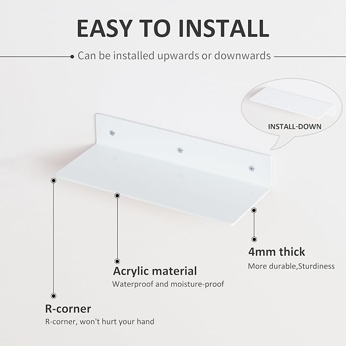 4 Pack White Acrylic Floating Shelves 15 Inches, Wall Hanging Bathroom Shelves - Image 4