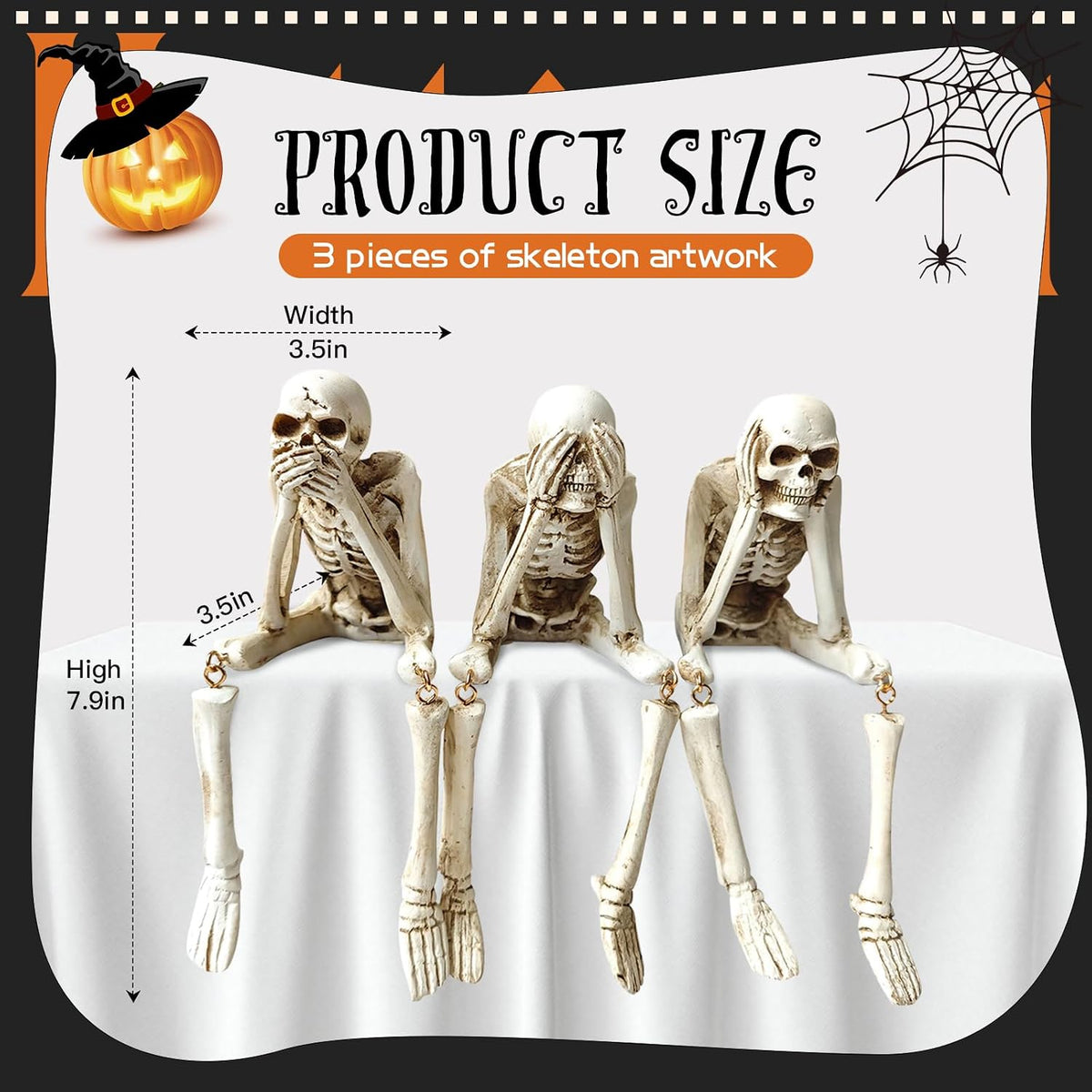 Halloween Skeleton Statues Set of 3, White Halloween Resin Skeleton Decor